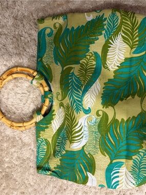 Nordstrom Green Teal Leaf Print Bamboo Handle Tote